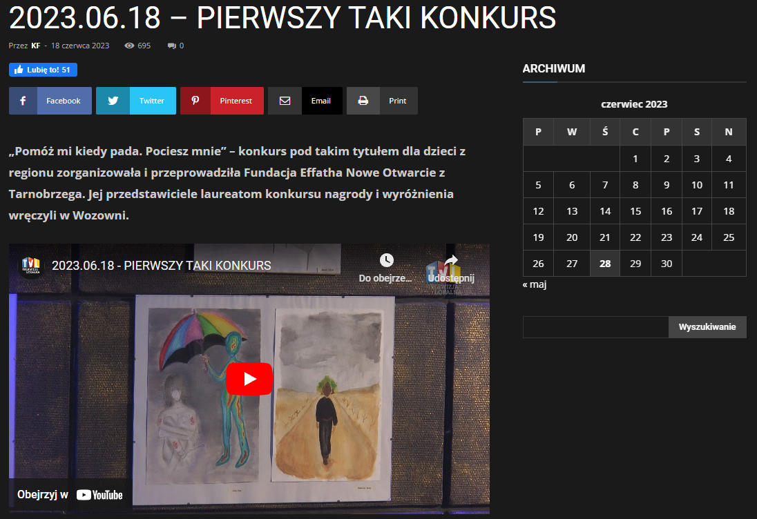 Read more about the article Wernisaż oraz wręczenie nagród w I Konkursie Plastycznym ,,Pomóż mi kiedy pada. Pociesz mnie” w relacji Telewizji Lokalnej TVL.